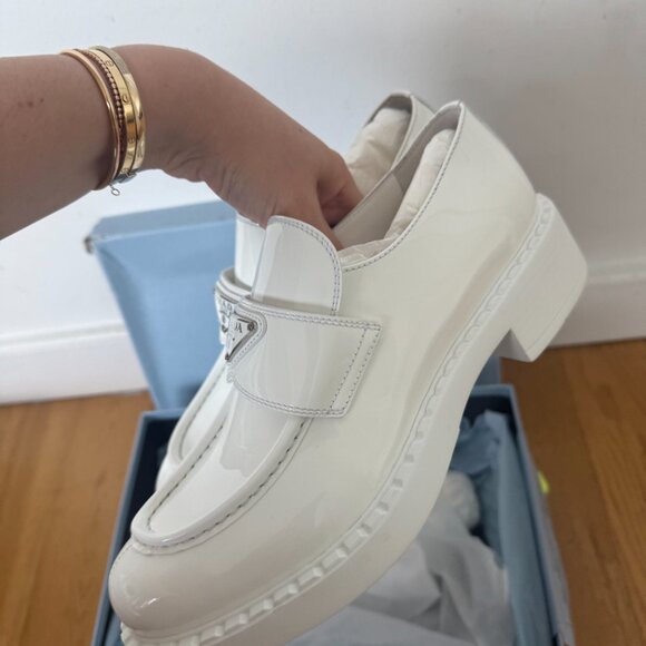 NWT Prada Loafers Vernice White Patent Leather Triangle Logo Chunky Sole - Picture 7 of 11